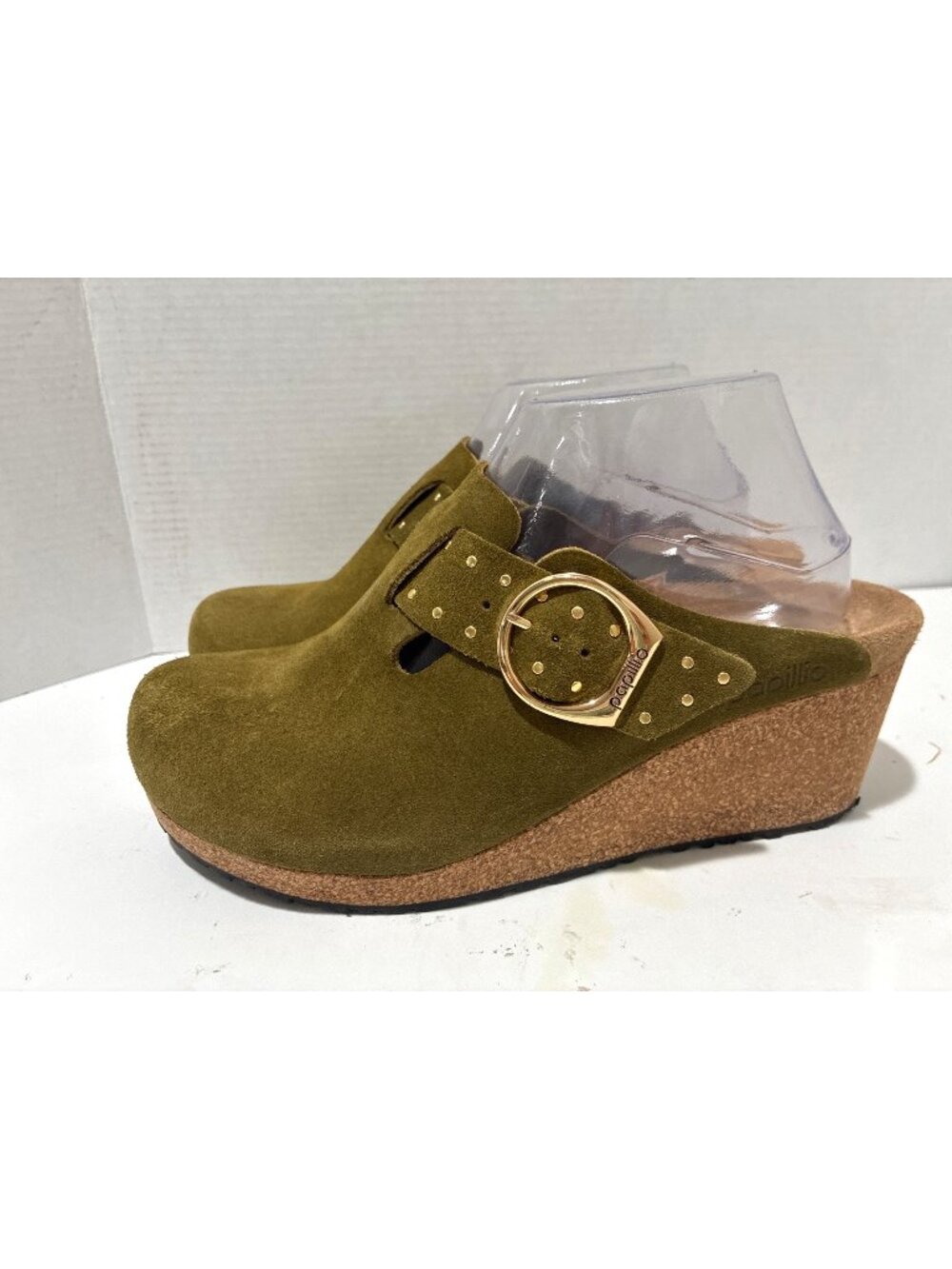 Birkenstock Papillio Fanny wedge clog green suede gold-tone ring buckle size 39